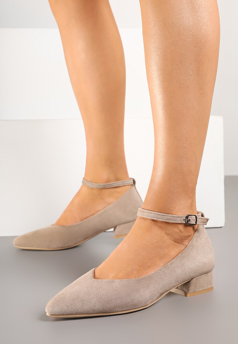 Beżowe Czółenka na Słupku z Wkładką ze Skóry Naturalnej Ozdobione Paskiem Norzeri