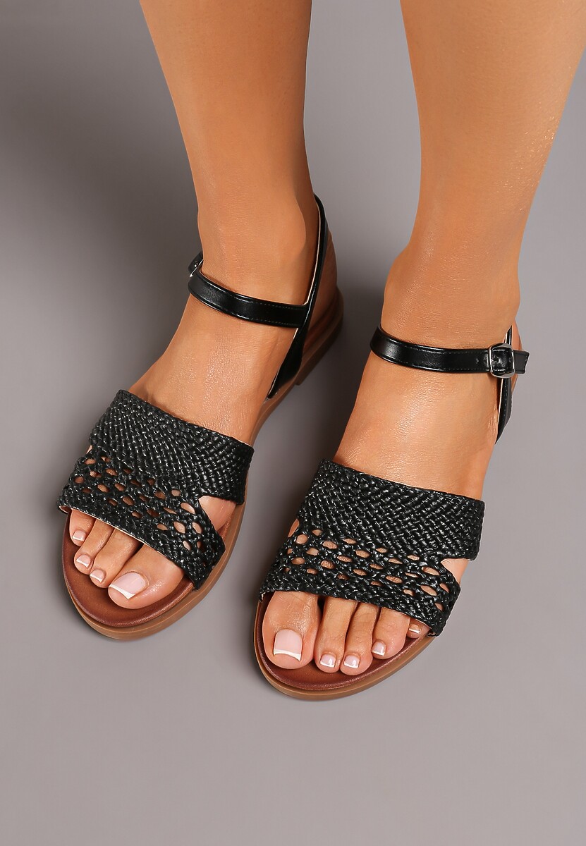 Czarne Płaskie Sandały Zapinane na Sprzączkę Zundia