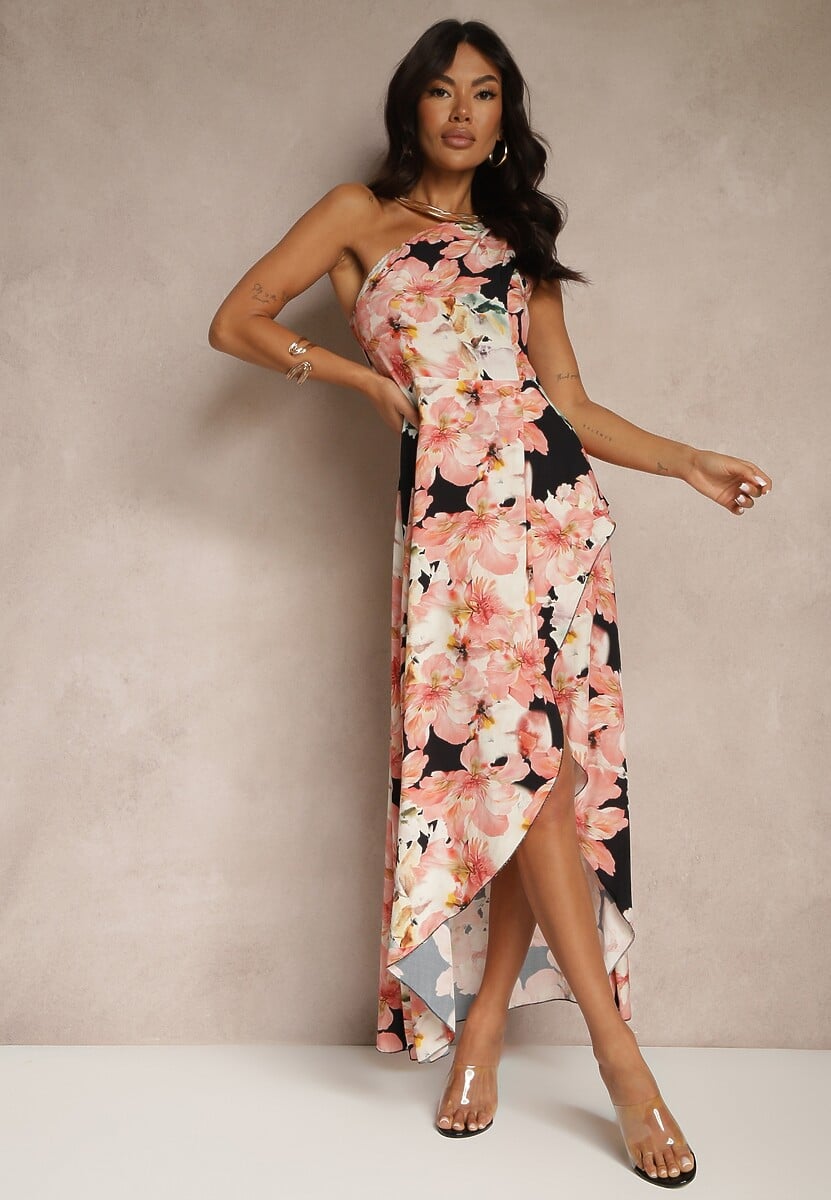 Czarna Asymetryczna Sukienka z Wiskozy w Kwiaty Linive