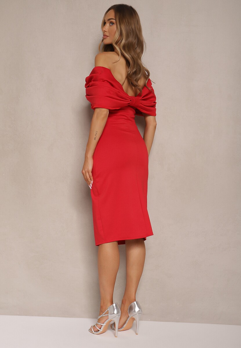 Czerwona Sukienka Taliowana z Kokardą w Formie Hiszpanki o Dopasowanym Kroju Paladwena