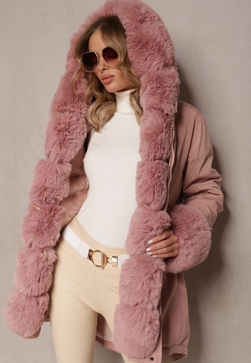 Różowa Kurtka Parka ze Ściągaczem i Kapturem z Futerkiem Bellad