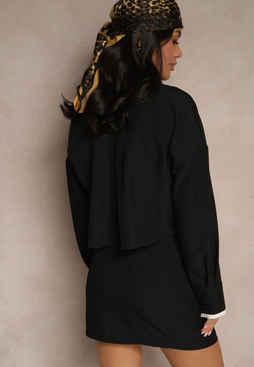 Czarny Komplet Spódnica i Koszula Ozdobione Imitacją Kieszeni Grelsedi