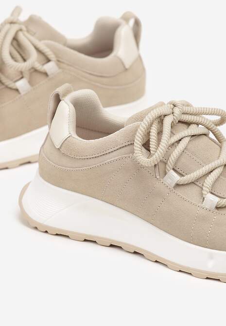 Beżowe Zamszowe Sneakersy z Wkładką ze Skóry Naturalnej Dolavienne