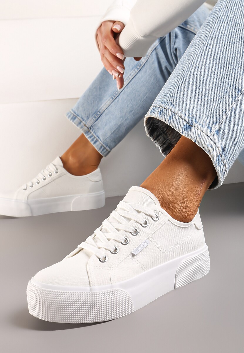 Białe Casualowe Trampki przed Kostkę na Platformie ze Sznurowaniem Reapita