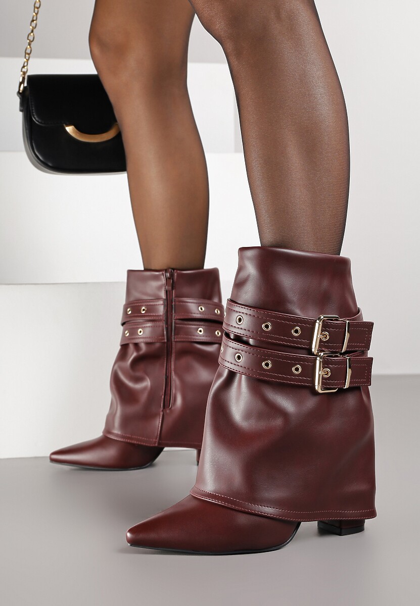 Bordowe Botki Kowbojki na Słupku Ozdobione Klamrami i Wywiniętą Cholewką Codvire