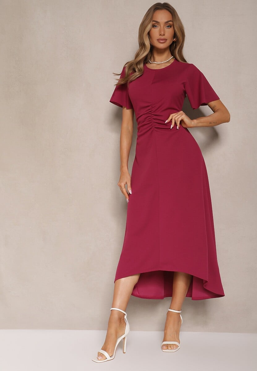 Bordowa Sukienka o Rozkloszowanym Kroju z Marszczeniem Odarene
