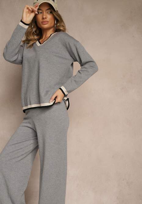 Szary Komplet Dzianinowy Sweter i Spodnie Wide Leg z Ozdobną Lamówką Ralenia
