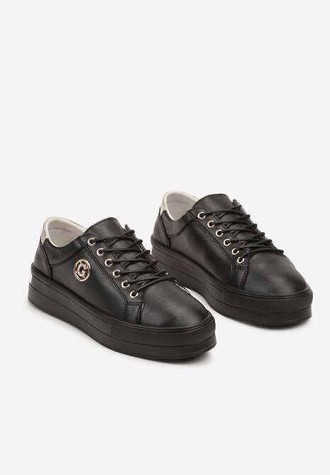 Czarne Skórzane Sneakersy Sznurowane na Niskiej Platformie z Cyrkoniami Dorianlle