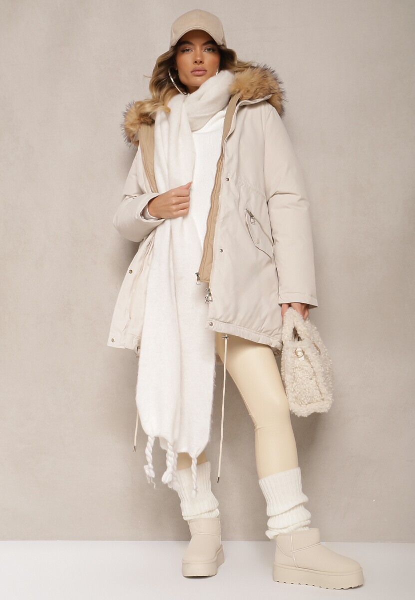 Jasnobeżowa Kurtka Parka Ściągana w Talii z Podwójnym Suwakiem i Kapturem z Futrem Edrieth