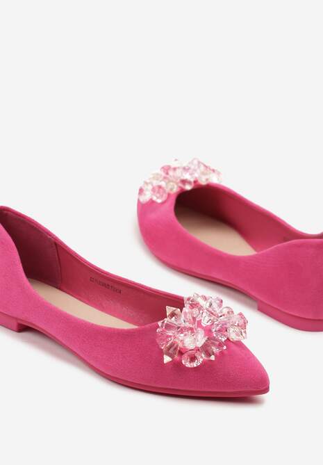 Fuksjowe Balerinki ze Skórzaną Wkładką Ozdobione Kryształkami Vevola