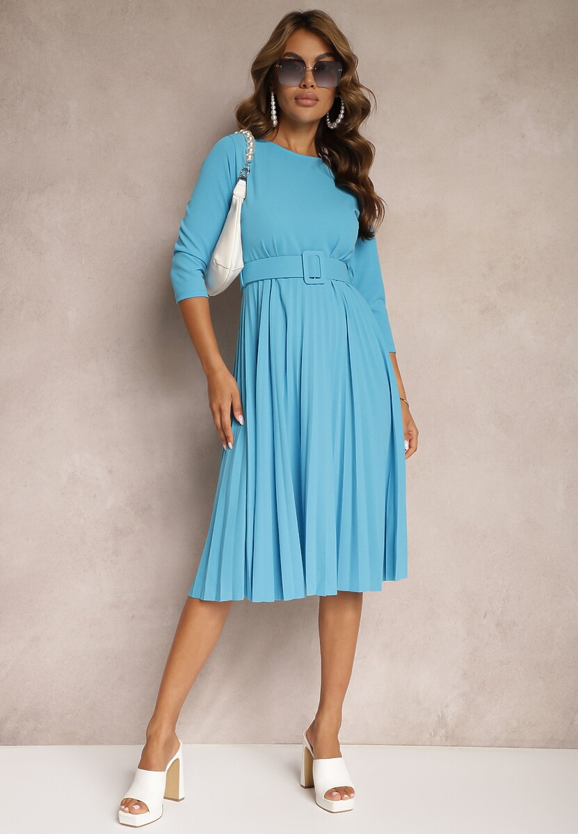 Niebieska Sukienka Plisowana z Paskiem Valfe