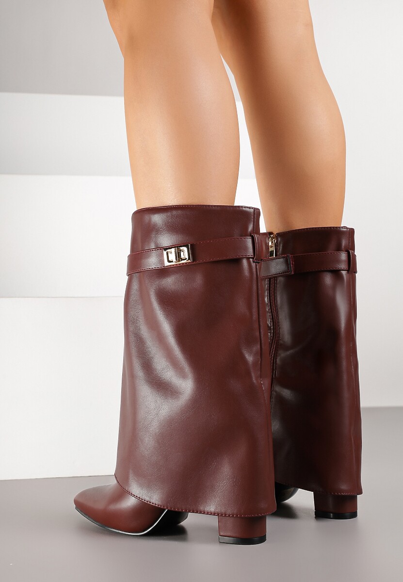 Bordowe Botki na Słupkowym Obcasie z Wywiniętą Cholewką ze Zdobieniem Tulareia