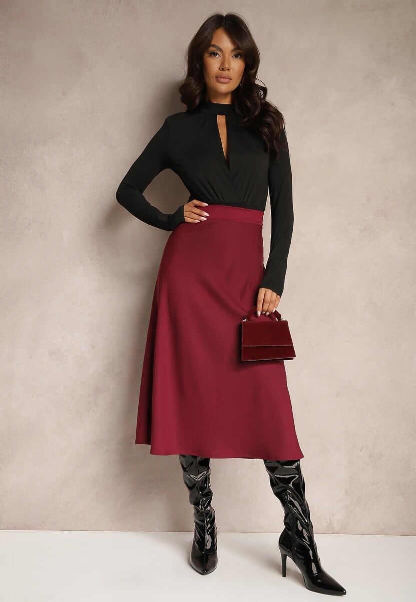 Bordowa Casualowa Rozkloszowana Spódnica Dorilena