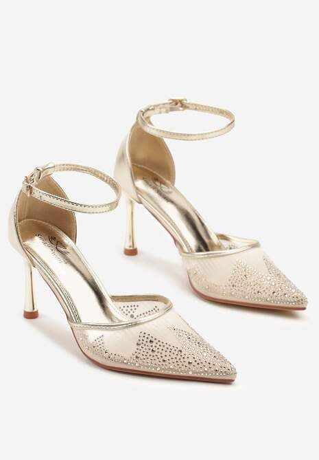 Złote Sandały Szpilki z Siateczkowym Noskiem w Szpic Zdobionym Cyrkoniami Alirenda