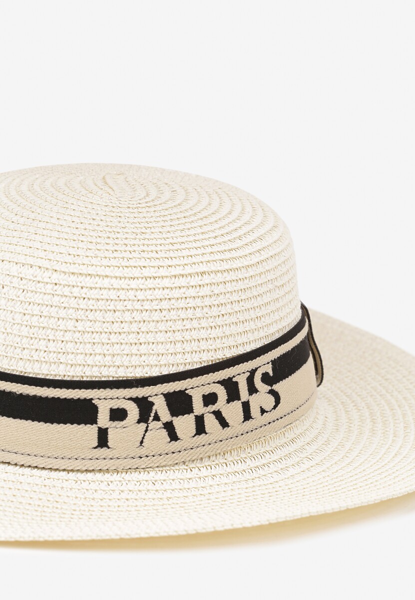 Jasnobeżowy Kapelusz z Plecionki z Tasiemką i Napisem Kollasea