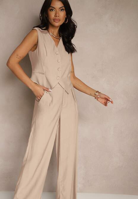 Beżowy Wiskozowy Komplet o Garniturowym Kroju Kamizelka i Spodnie Soreya