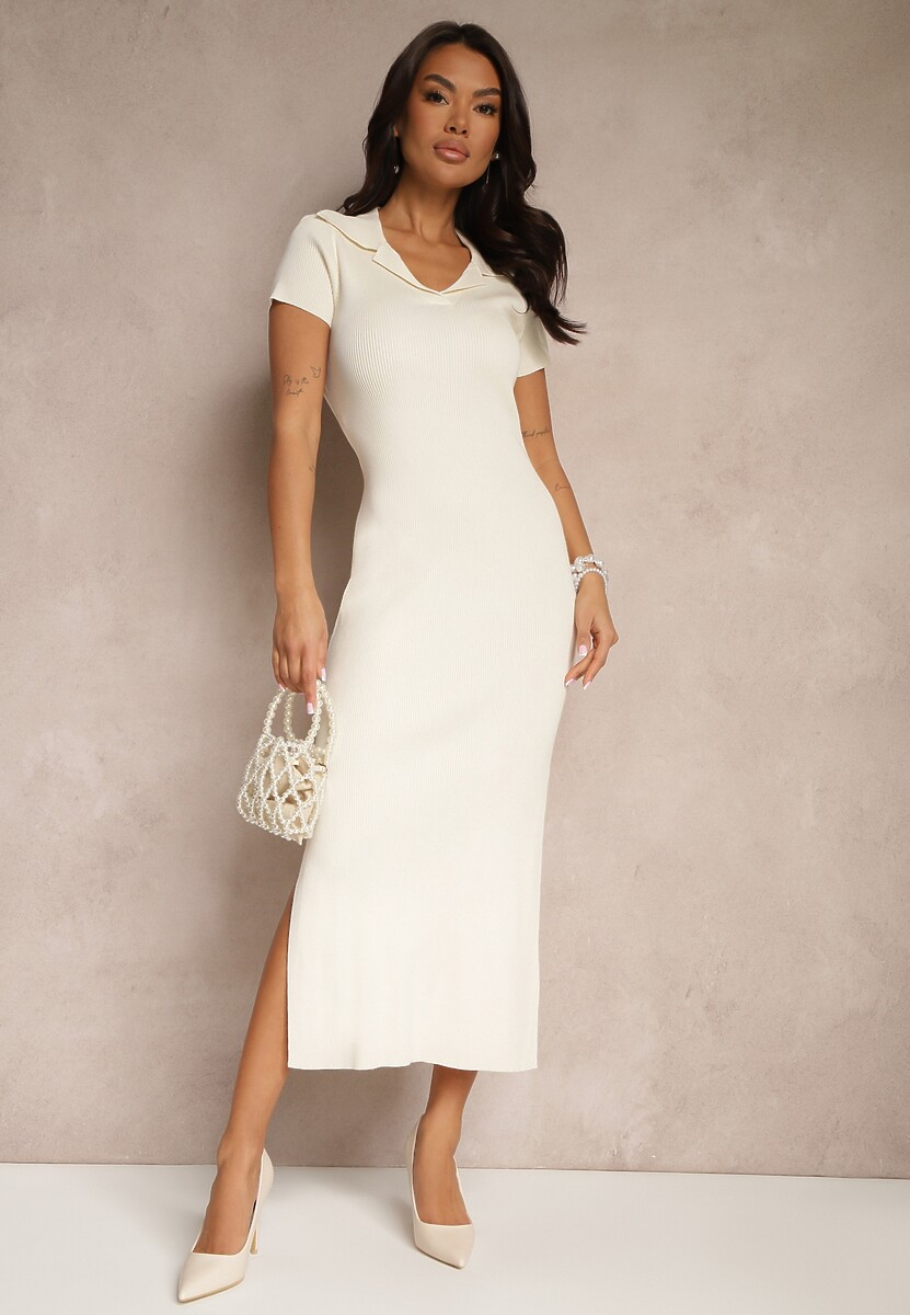 Jasnobeżowa Sukienka Bodycon z Dodatkiem Wiskozy Wycięciem z Prążkowanego Materiału Irittnea