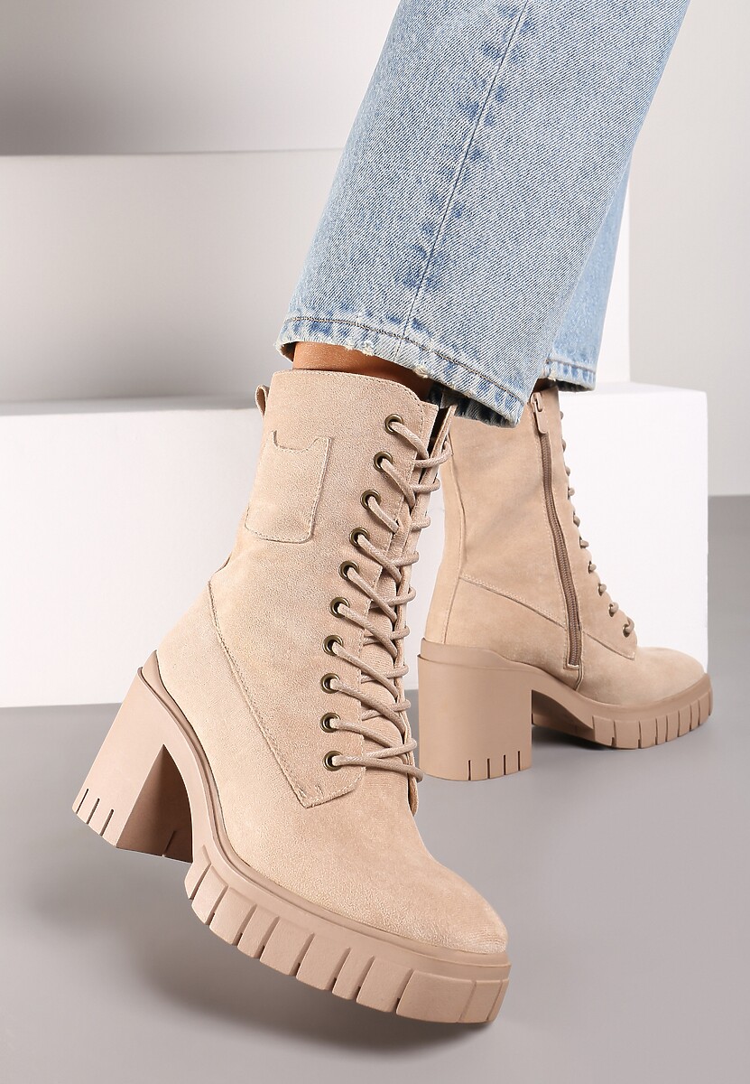 Beżowe Botki na Słupku i Platformie ze Sznurowaniem Ameni