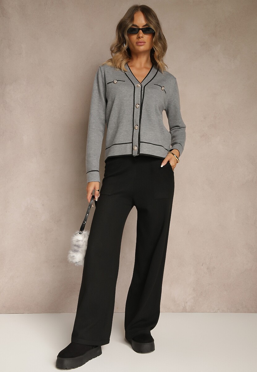 Szary Komplet z Dzianiny Spodnie Wide Leg i Retro Kardigan Giosila
