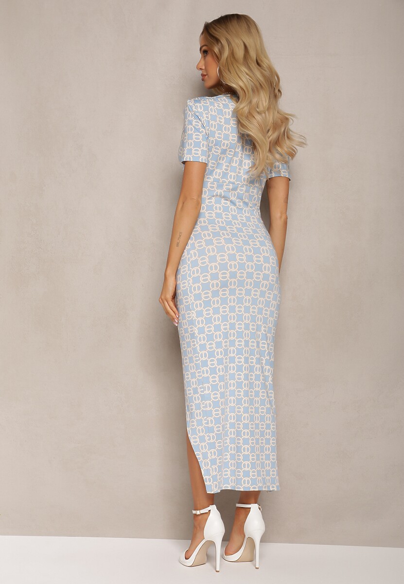 Niebieska Sukienka Bodycon z Kopertowym Dekoltem Rozcięciem i Subtelnym Drapowaniem Zaleatie