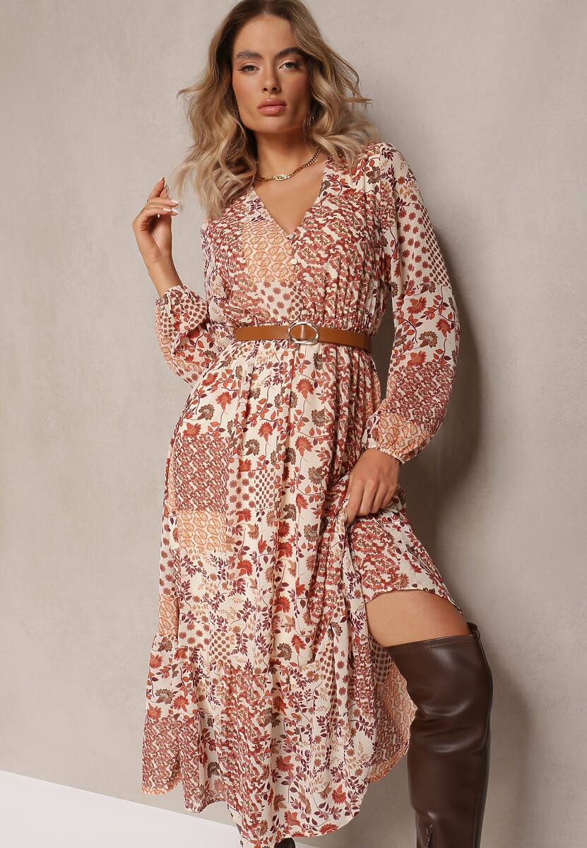 Beżowo-Różowa Sukienka Midi z Gumką w Talii i Falbanką Besslia