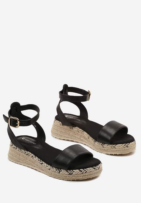 Czarne Sandały z Ekoskóry na Grubej Plecionej Podeszwie Zapinane na Sprzączkę Uvionna