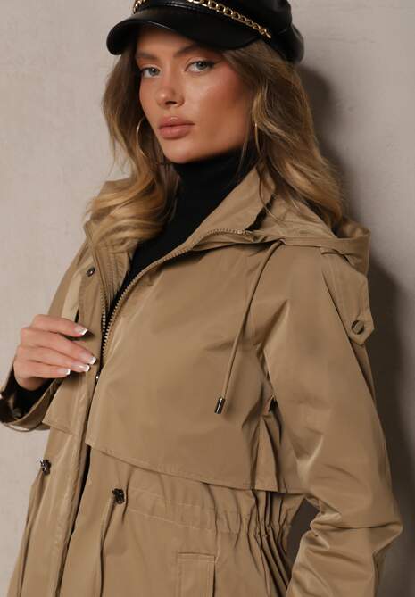 Ciemnobeżowy Płaszcz Kurtka Parka  z Kapturem i Ściągaczem w Talii Verfia