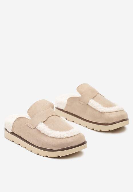 Ciemnobeżowe Kapcie na Płaskiej Podeszwie z Futerkiem i Paskiem Niaviera