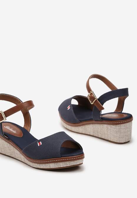 Granatowe Casualowe Sandały Espadryle na Koturnie z Plecionką Zapinane Wokół Kostki Persephia