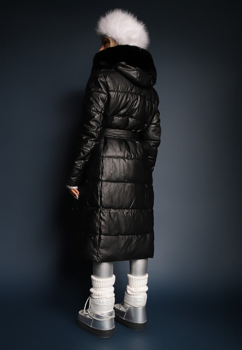 Czarna Kurtka Pikowana Długa Płaszcz z Imitacji Skóry z Futerkiem Flechie