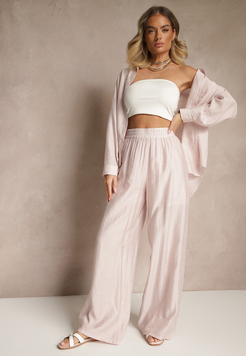 Jasnoróżowe Spodnie Palazzo High Waist z Szeroką Nogawką i Gumką w Talii Jenarielis