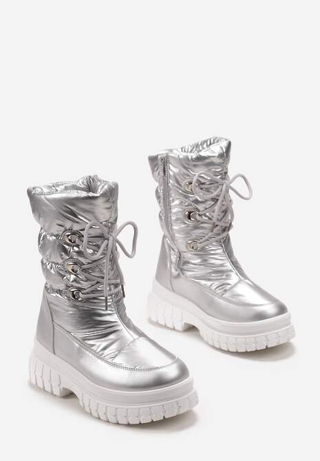Srebrne Sznurowane Śniegowce z Ozdobnym Pikowaniem i Połyskiem Birala