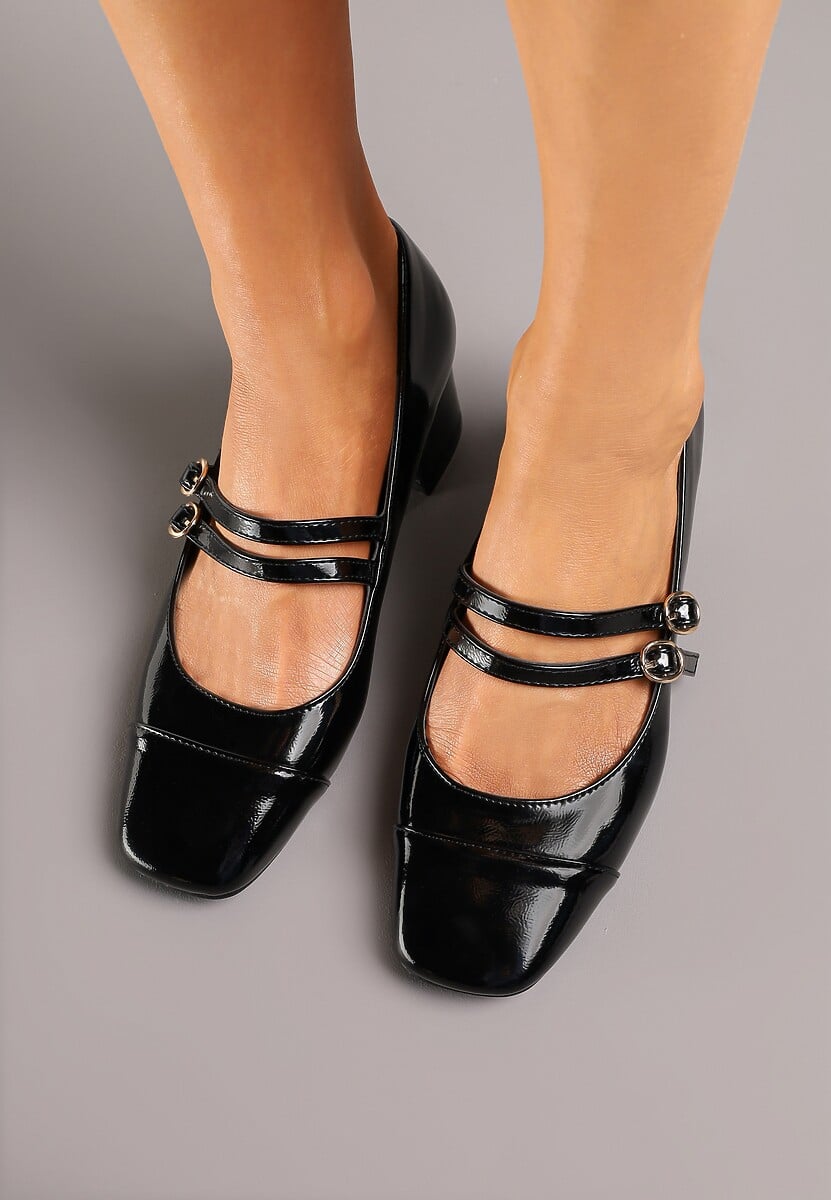 Czarne Lakierowane Czółenka na Obcasie z Kwadratowym Noskiem i Podwójnym Paskiem Rearielith