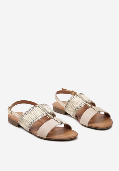 Beżowe Sandały z Ekoskóry ze Sprzączką z Metalicznymi Wstawkami i Plecionką Ursules