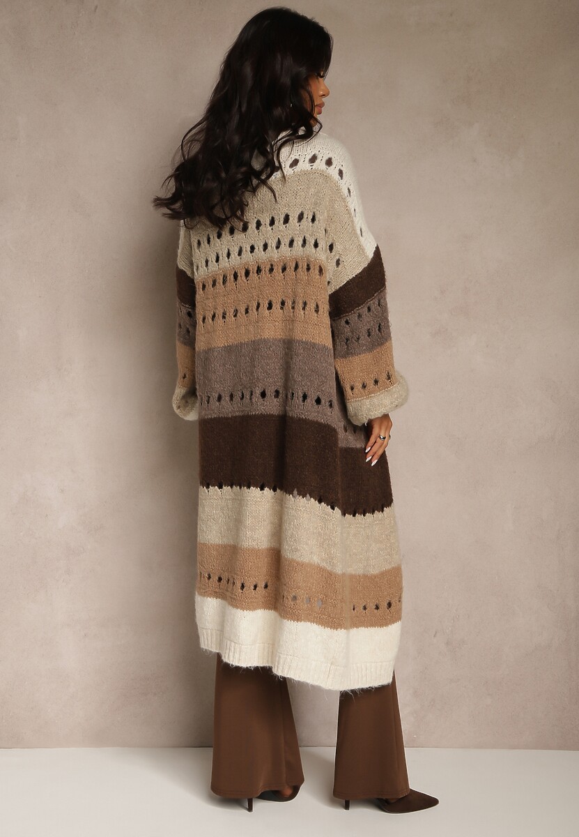 Beżowy Ażurowy Kardigan w Paski z Dodatkiem Wełny i Wiskozy o Długim Kroju Ilonine