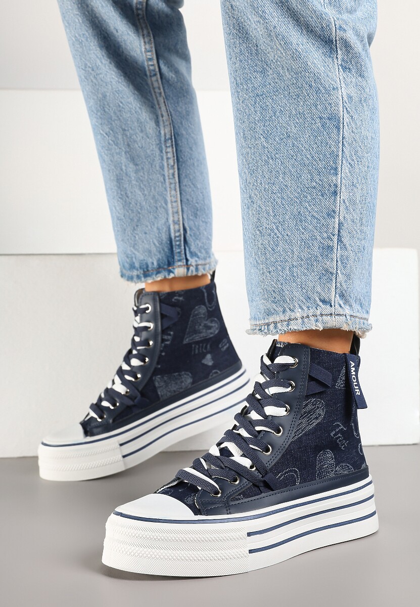 Granatowe Trampki Jeansowe z Serduszkami na Platformie Benirea