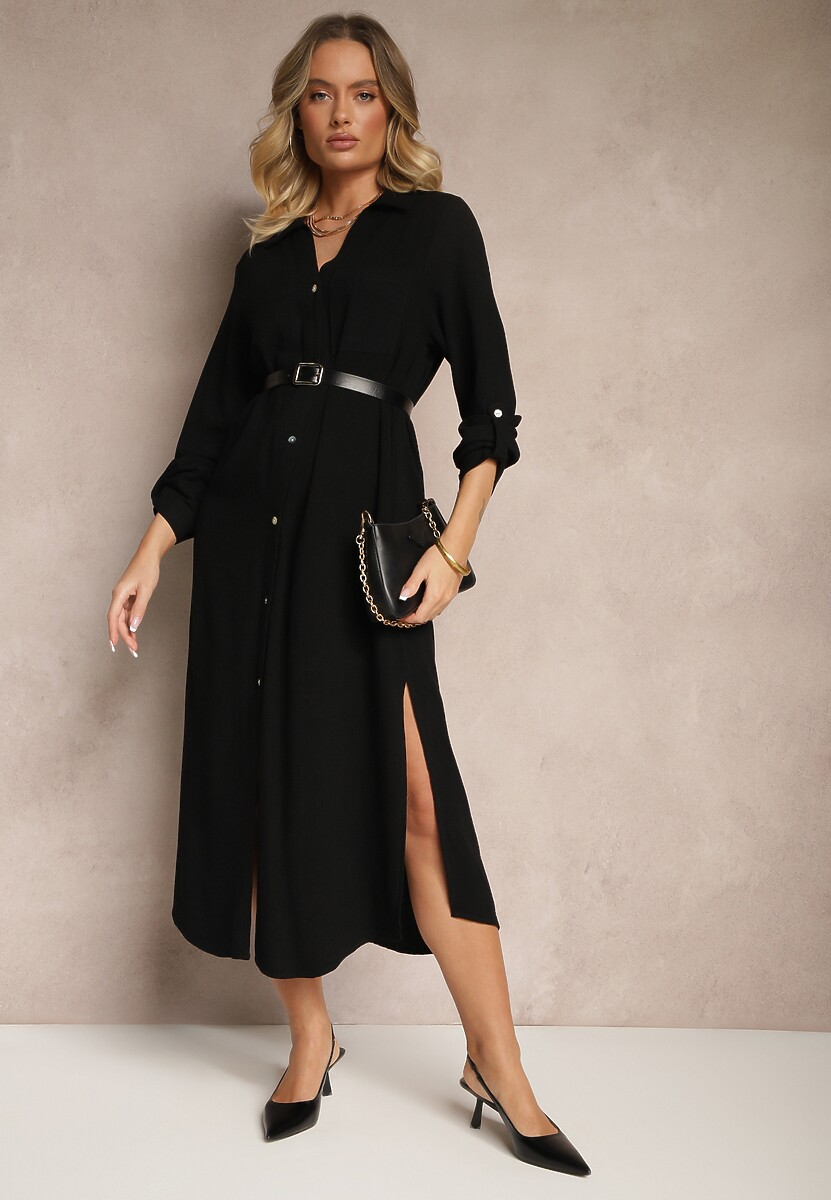 Czarna Sukienka Koszulowa z Wiskozą Lnem i Regulacją przy Rękawach Florvezia