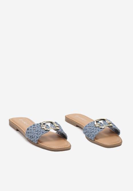 Niebieskie Płaskie Klapki ze Złotą Klamrą Efimue