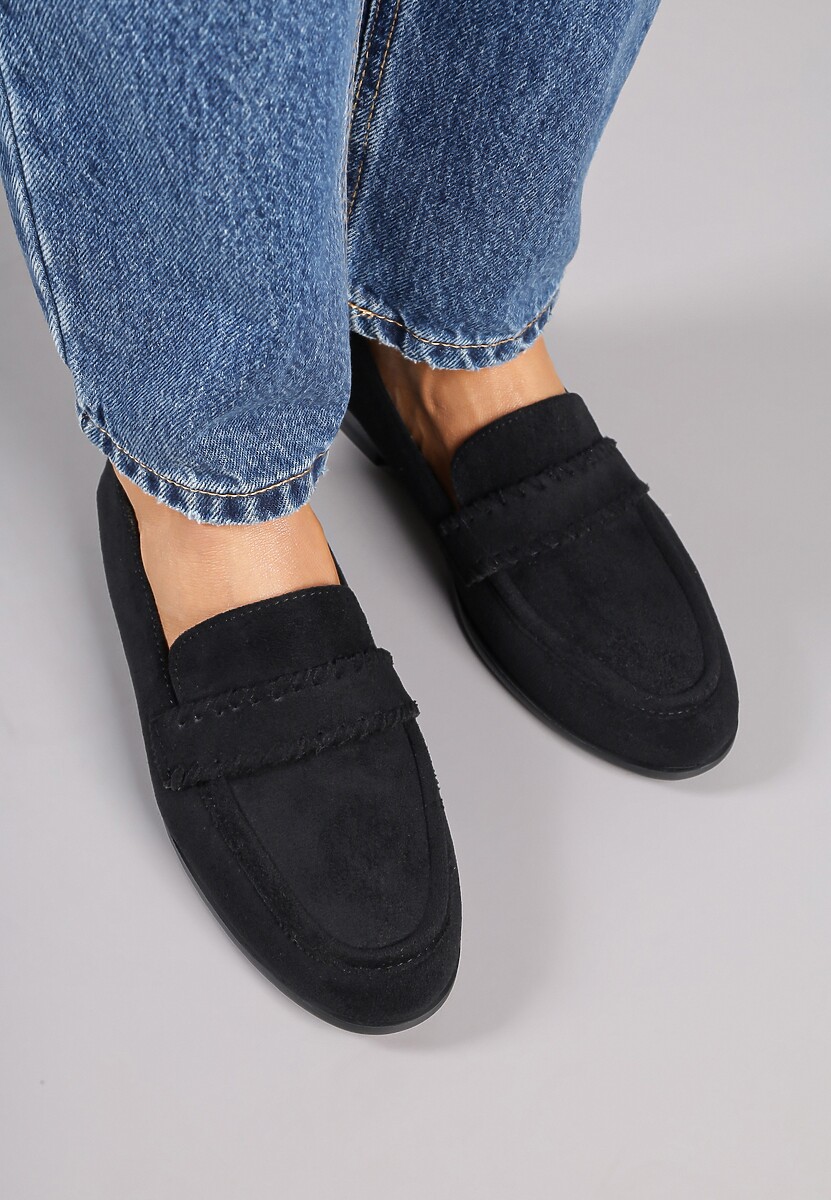 Czarne Mokasyny Vices z Wkładką ze Skóry Naturalnej i Paskiem z Przeszyciami Fonarrie