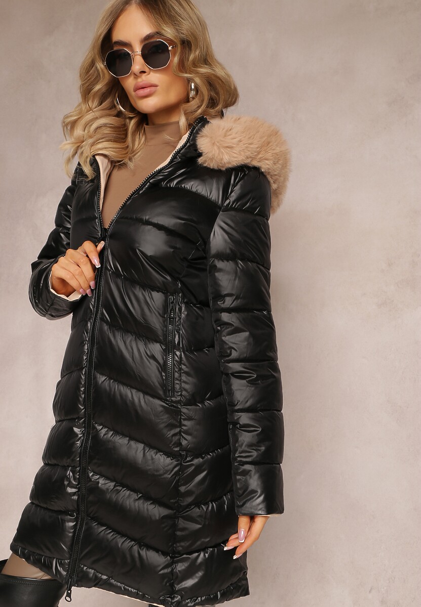 Czarna Dwustronna Kurtka Płaszcz z Klasycznym Pikowaniem i Kapturem z Futerkiem Nuncos