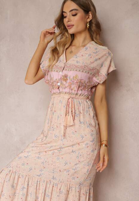 Jasnoróżowa Rozkloszowana Sukienka Maxi z Gumkami w Pasie z Bawełny Besie