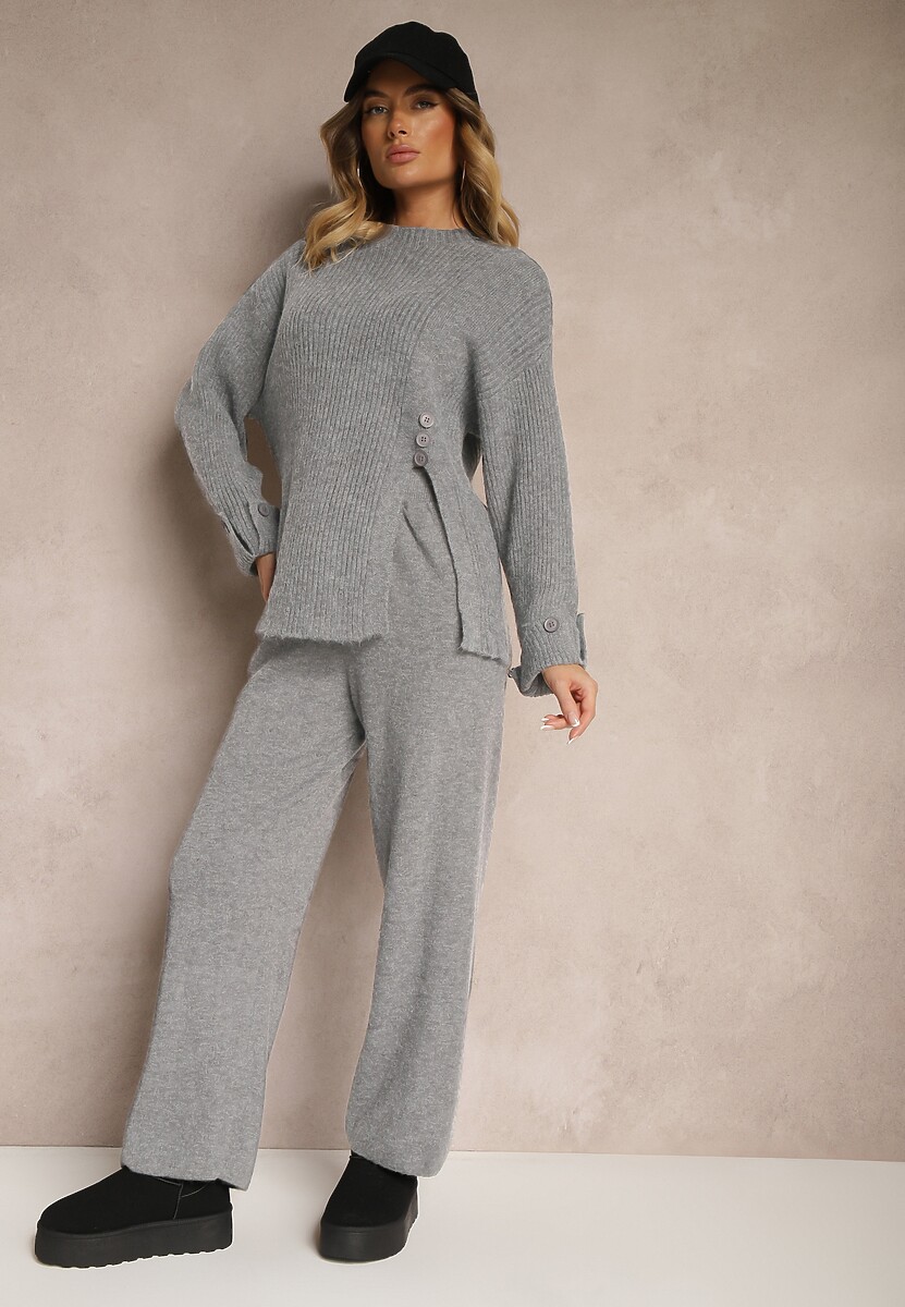 Jasnobeżowy Komplet z Wełną i Bawełną Spodnie o Szerokim Kroju Sweter z Guzikami i Rozcięciem Sialwen