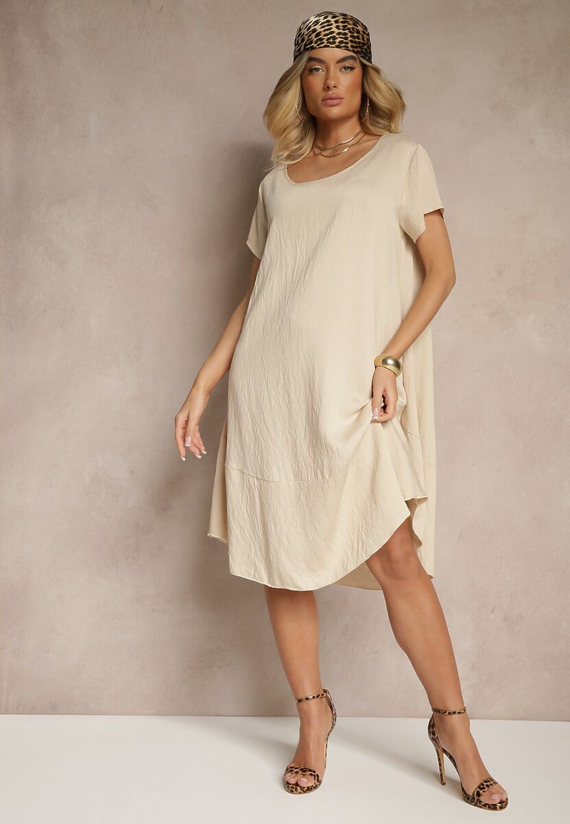 Ciemnobeżowa Sukienka z Wiskozy o Rozkloszowanym Kroju Irisena