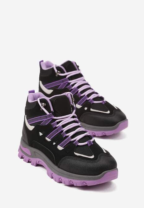 Czarno-Fioletowe Buty Trekkingowe Traperki Vices ze Sznurowaną Cholewką Afellie