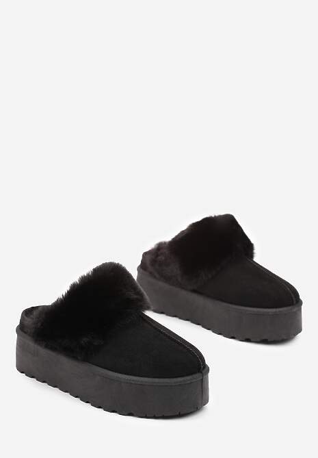 Czarne Kapcie na Grubej Podeszwie z Ozdobnym Futerkiem Sunessa
