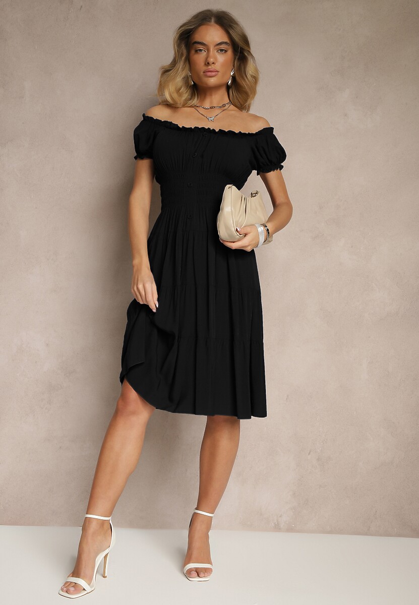 Czarna Sukienka Rozkloszowana z Bawełny z Bufiastymi Rękawami i Guzikami Anniliana