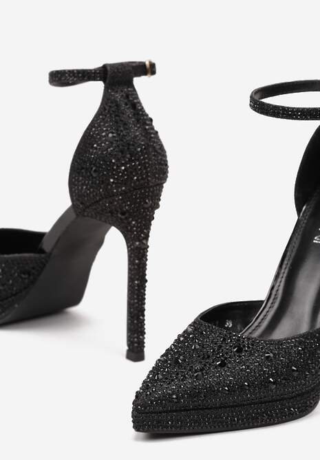 Czarne Brokatowe Szpilki Ozdobione Cyrkoniami Zapinane Wokół Kostki Nelefia