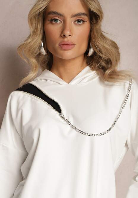 Biała Asymetryczna Bluza z Bawełny z Kapturem i Ozdobnym Suwakiem Lueur