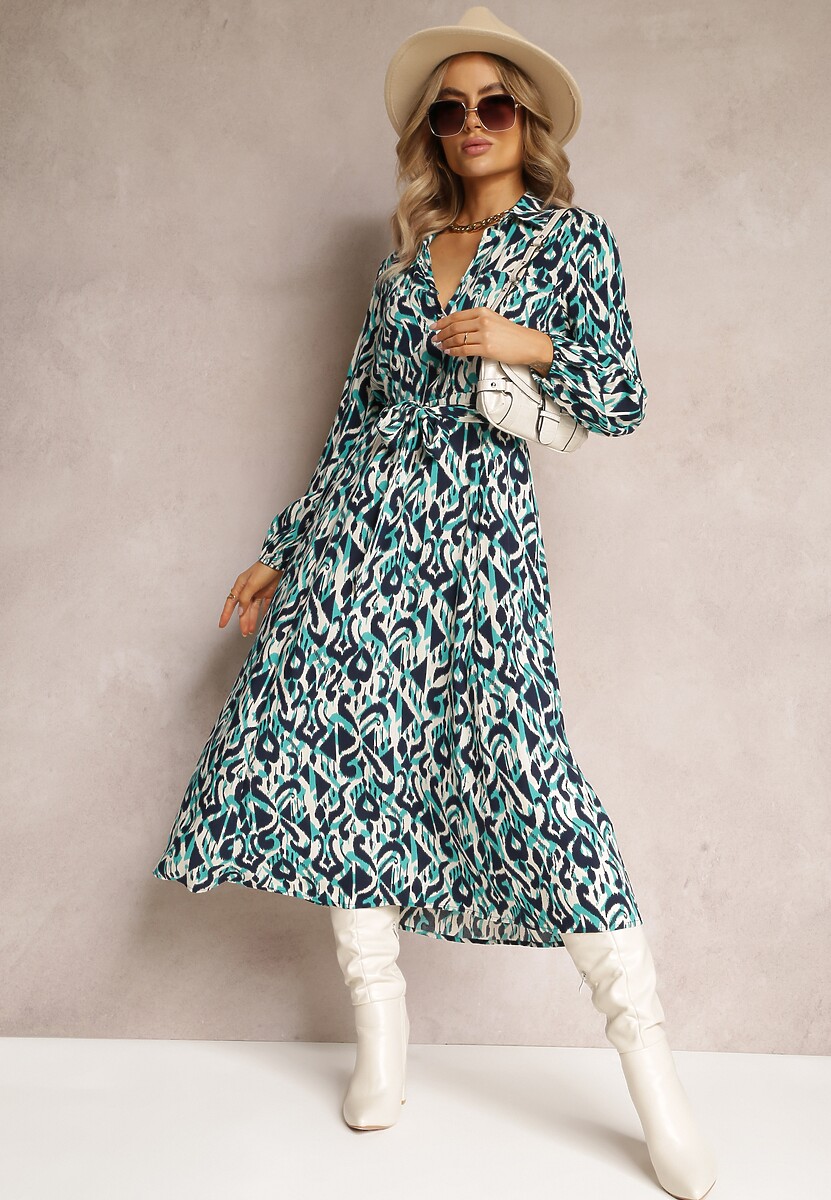 Fuksjowa Sukienka Koszulowa w Geometryczny Wzór Gena