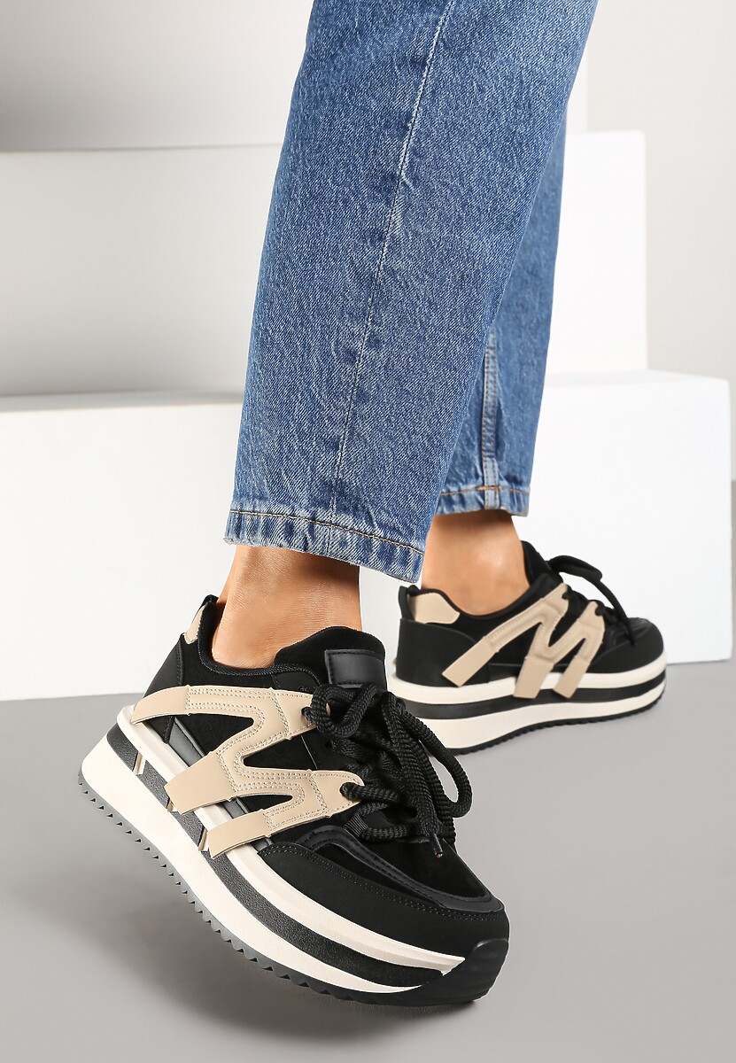 Czarno-Beżowe Sneakersy na Platformie z Geometrycznym Wzorem i Sznurowaniem Fiorinnia